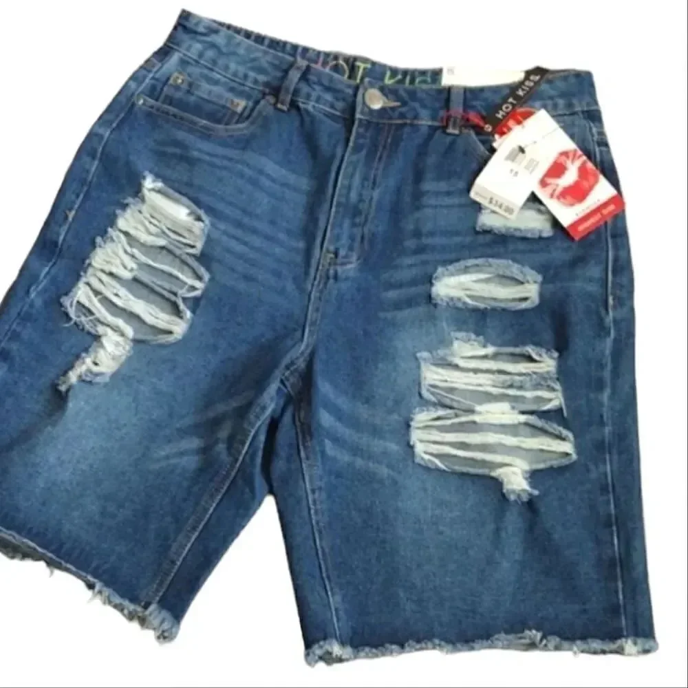 Hot Kiss Highest Rise Ripped  Bermuda Blue Jean‎ Shorts Size 15 NWT